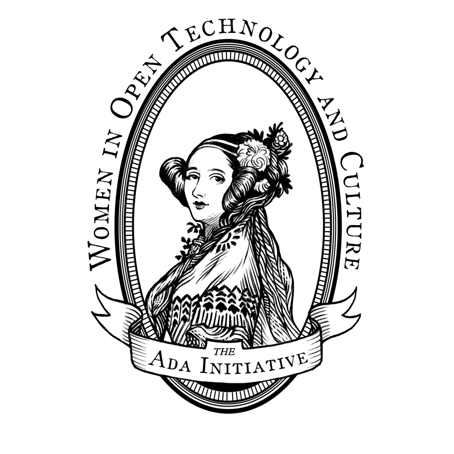 Logo for The Ada Initiative. It has the image of a 19th century woman with elaborate hair and dress in the center of an ornate oval. In an arch over the oval it reads "Women In Open Technology and Culture". An ornate ribbon across the bottom reads "The Ada Initiative".